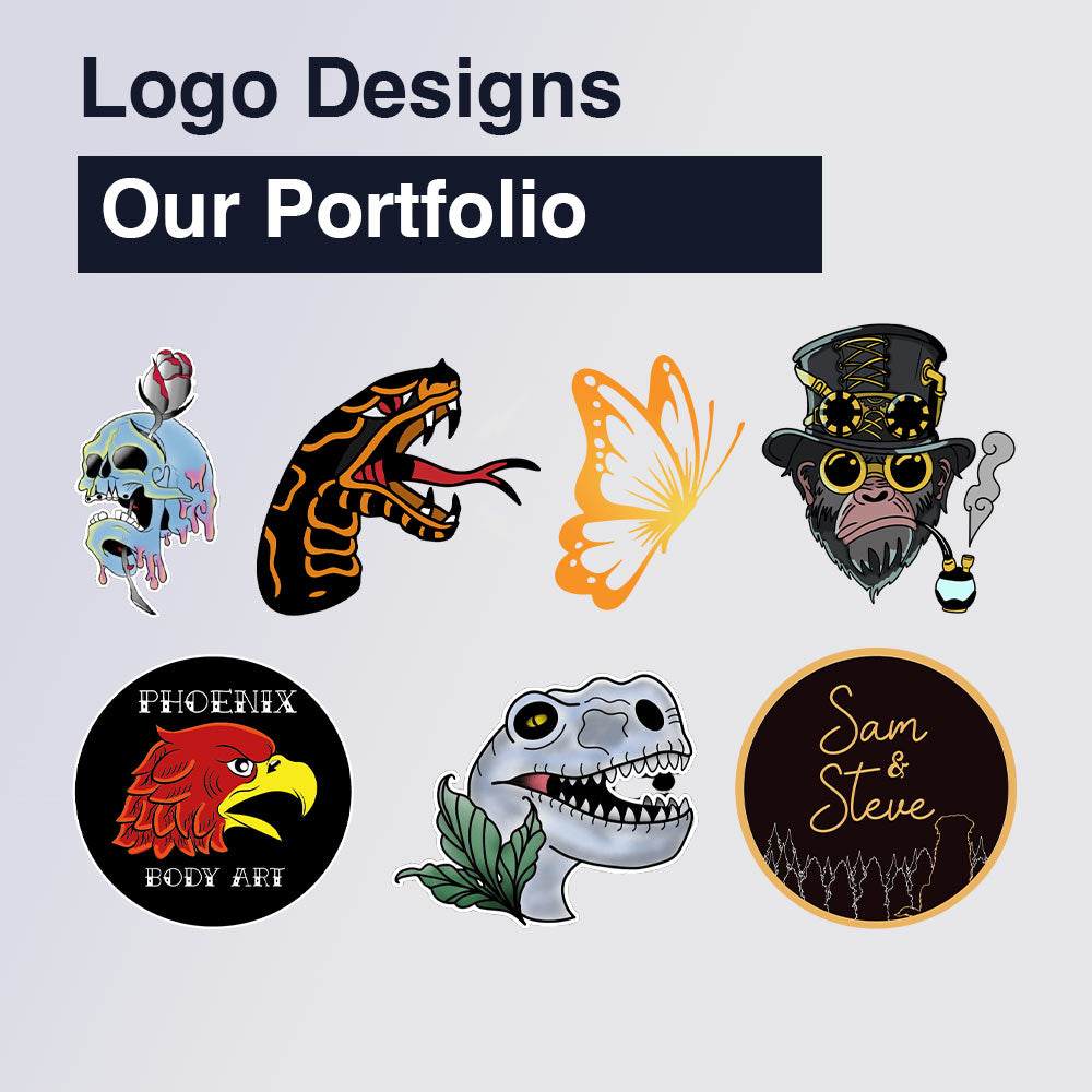 Collection of logo designs featuring a cobra snake, butterfly, monkey, skull rose, and dinosaur icons.