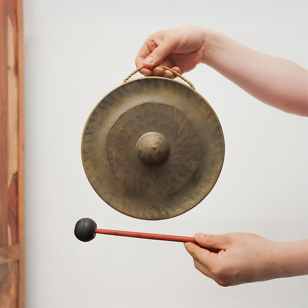 Handheld small Pleiku gong with beater, round shape, made in Vietnam