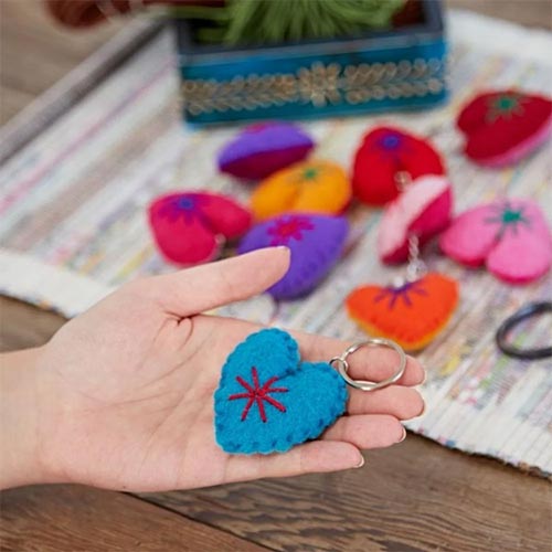 Blue heart shaped wool felt keyring 