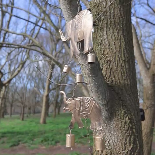 Double-Elephant Wind Chime - Recycled Iron with Brass Cowbells